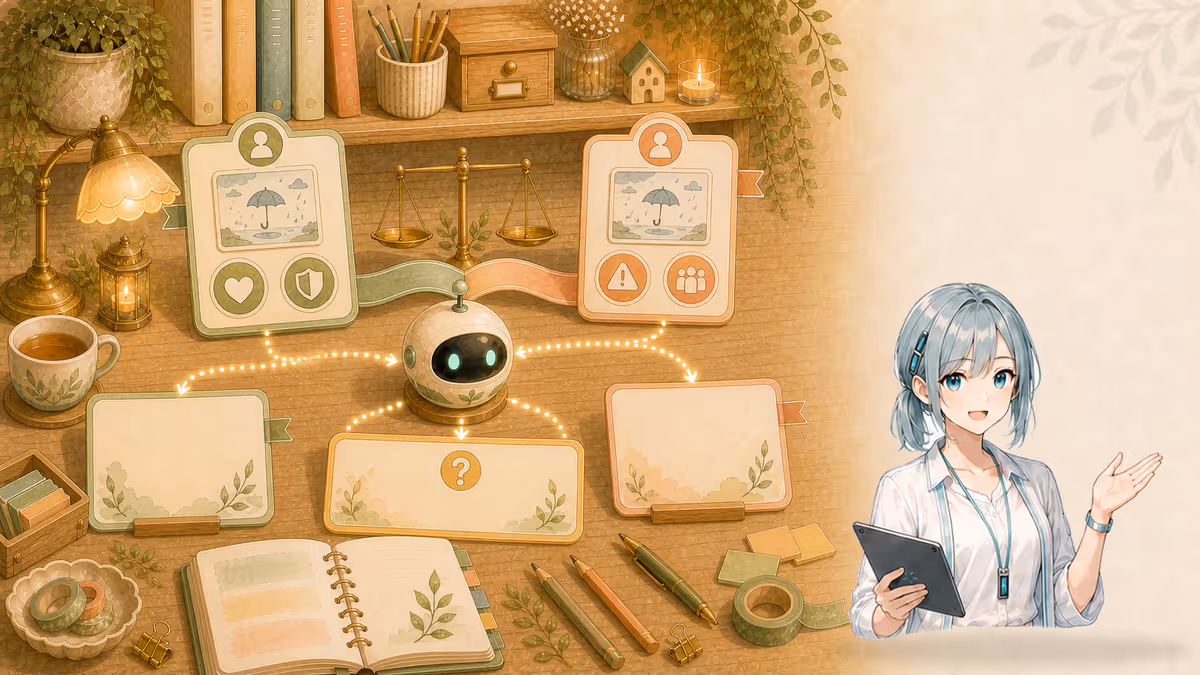 ミラがAI端末でAとB双方の正しさを並べ勝敗を決めずに整理する創作アトリエの挿絵