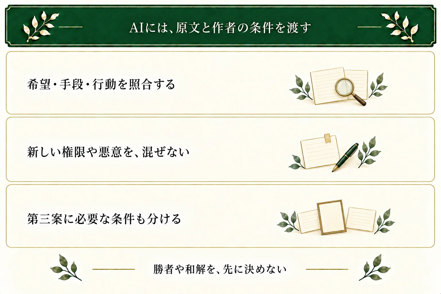 AIは本文と作者の条件を分けて照合する。新しい権限や悪意を足さず、交替や別の場所という第三案に必要な条件も候補として残す。