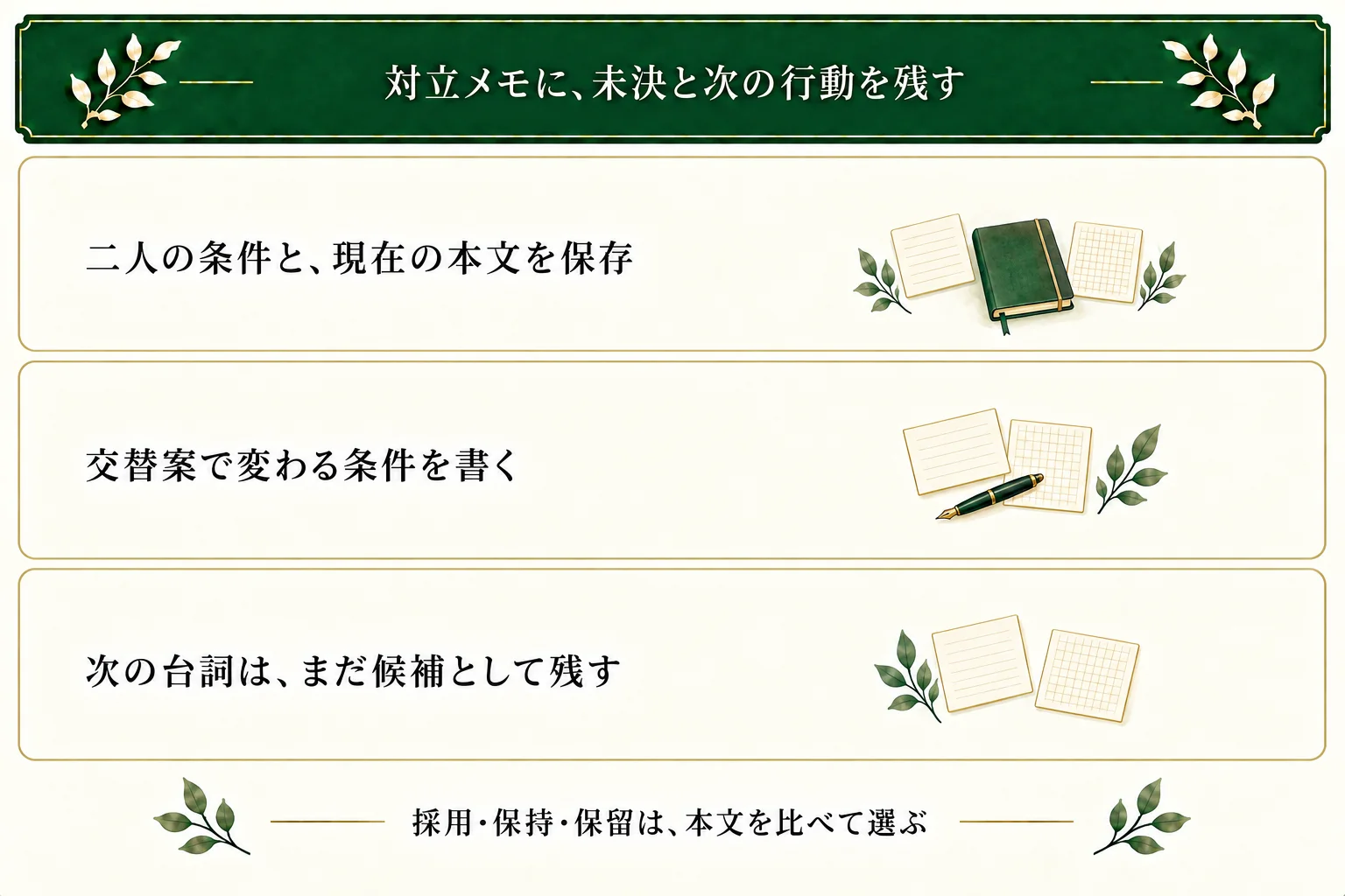 対立メモへ二者の条件と本文、未決の点を保存する。交替や別の場所で変える条件を明示し、次の台詞や行動は未執筆の候補として採否を選ぶ。