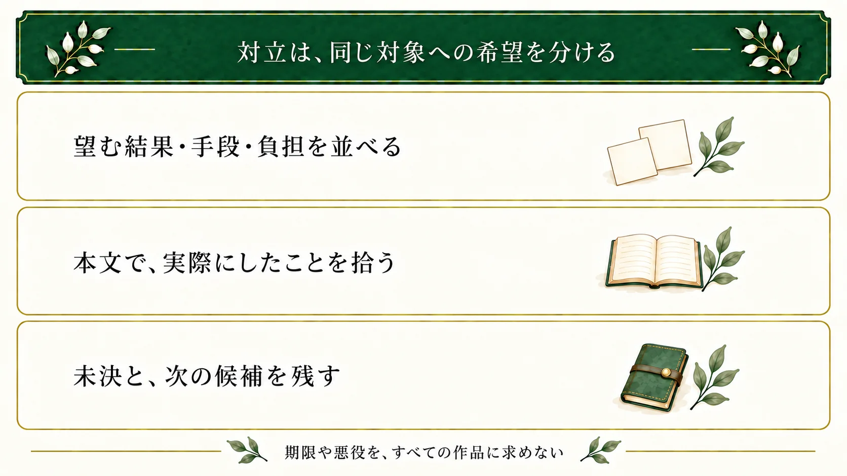 同じ対象をめぐる二人の望む結果、使える手段、譲る負担を分ける。本文で実行した行動と未決の点を拾い、次の候補と必要な条件を残す。
