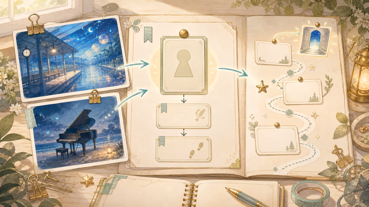 ミラがAIには理由ではなく、次の一動作を出してもらうの要点を創作アトリエの小物と人物の配置で示している挿絵