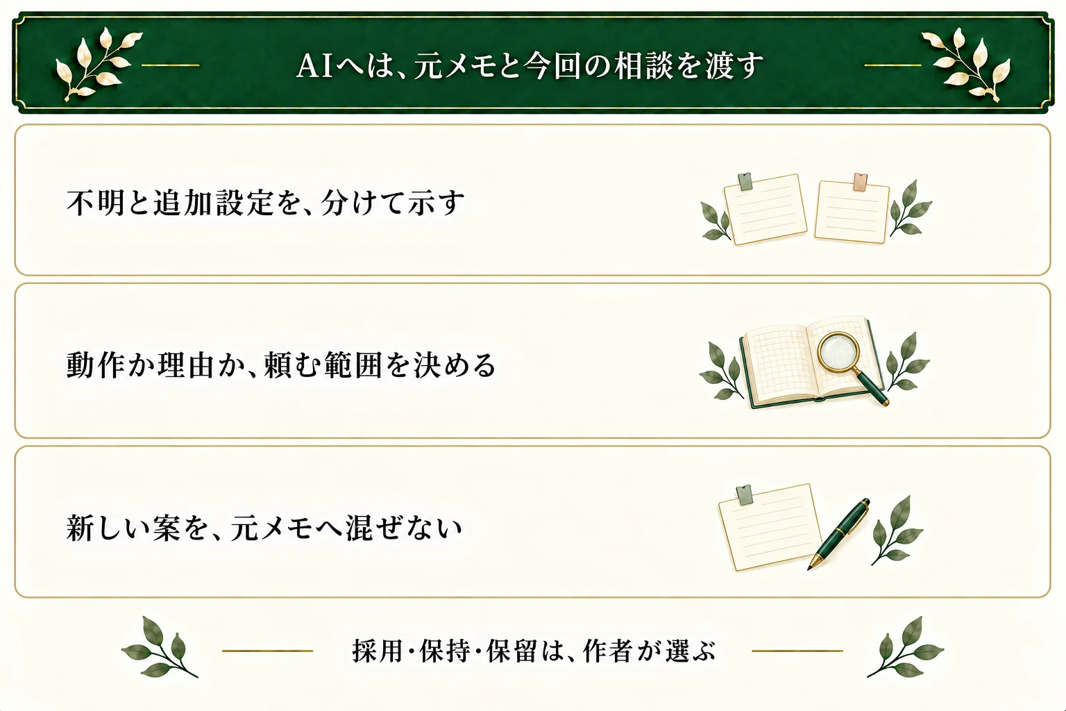 AIへ元メモ、不明、追加設定、本文、相談範囲を渡す。動作や理由の候補を比較し、新しく足したものを元メモの事実にしない。