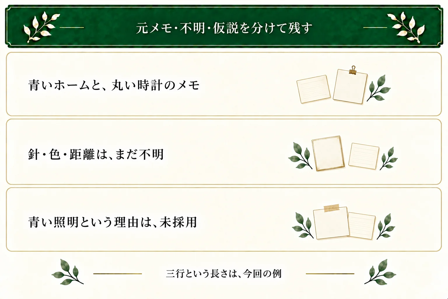 青いホーム、丸い時計一つ、自分以外の人影なしという元メモ。針・文字盤の色・距離は不明。青い照明は後から足す未採用の仮説。