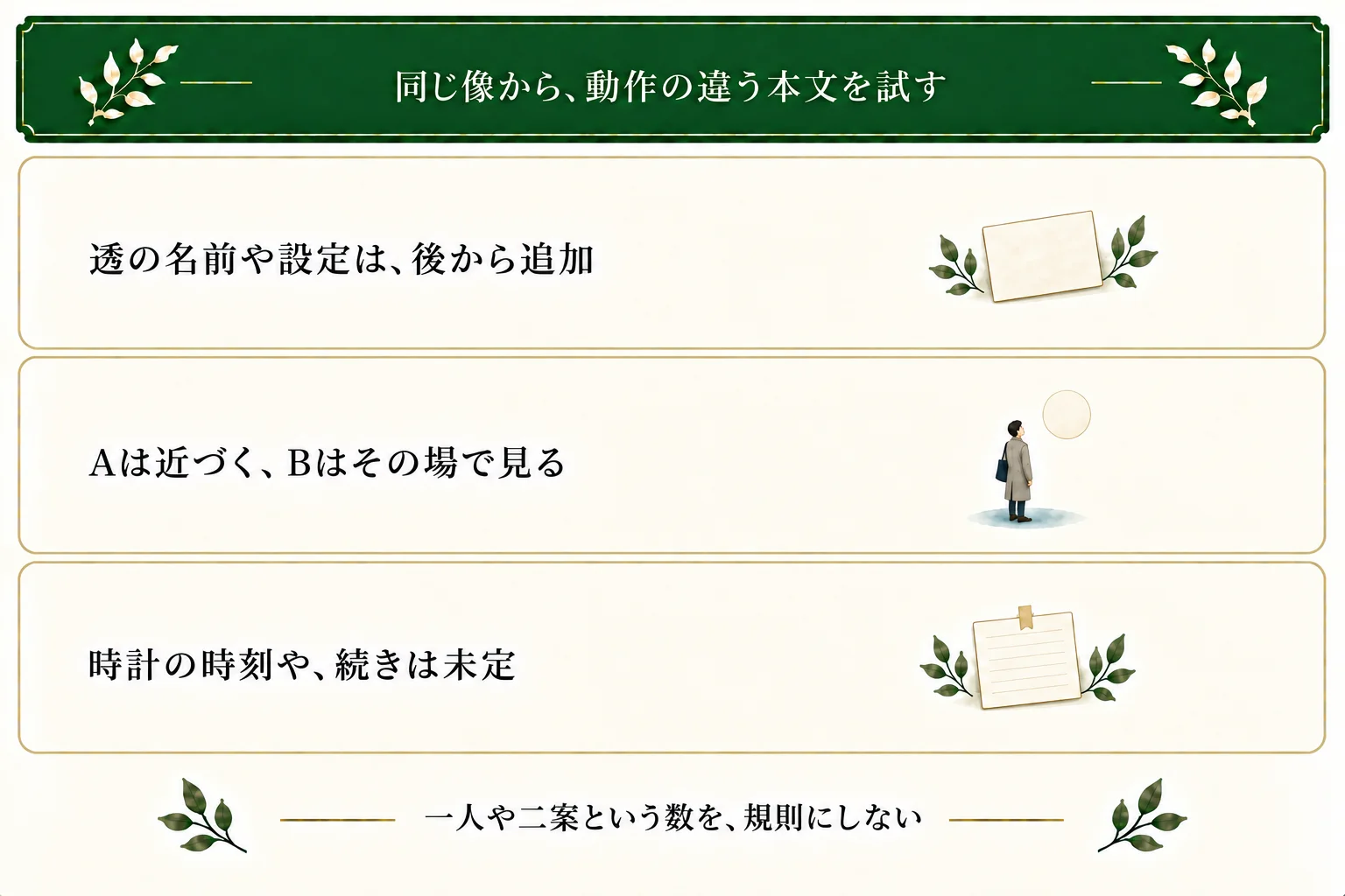 透は後から足した人物。本文Aは時計の下へ歩き、本文Bはその場で見上げる。時計の時刻、列車の到着、その先の行動は未定。