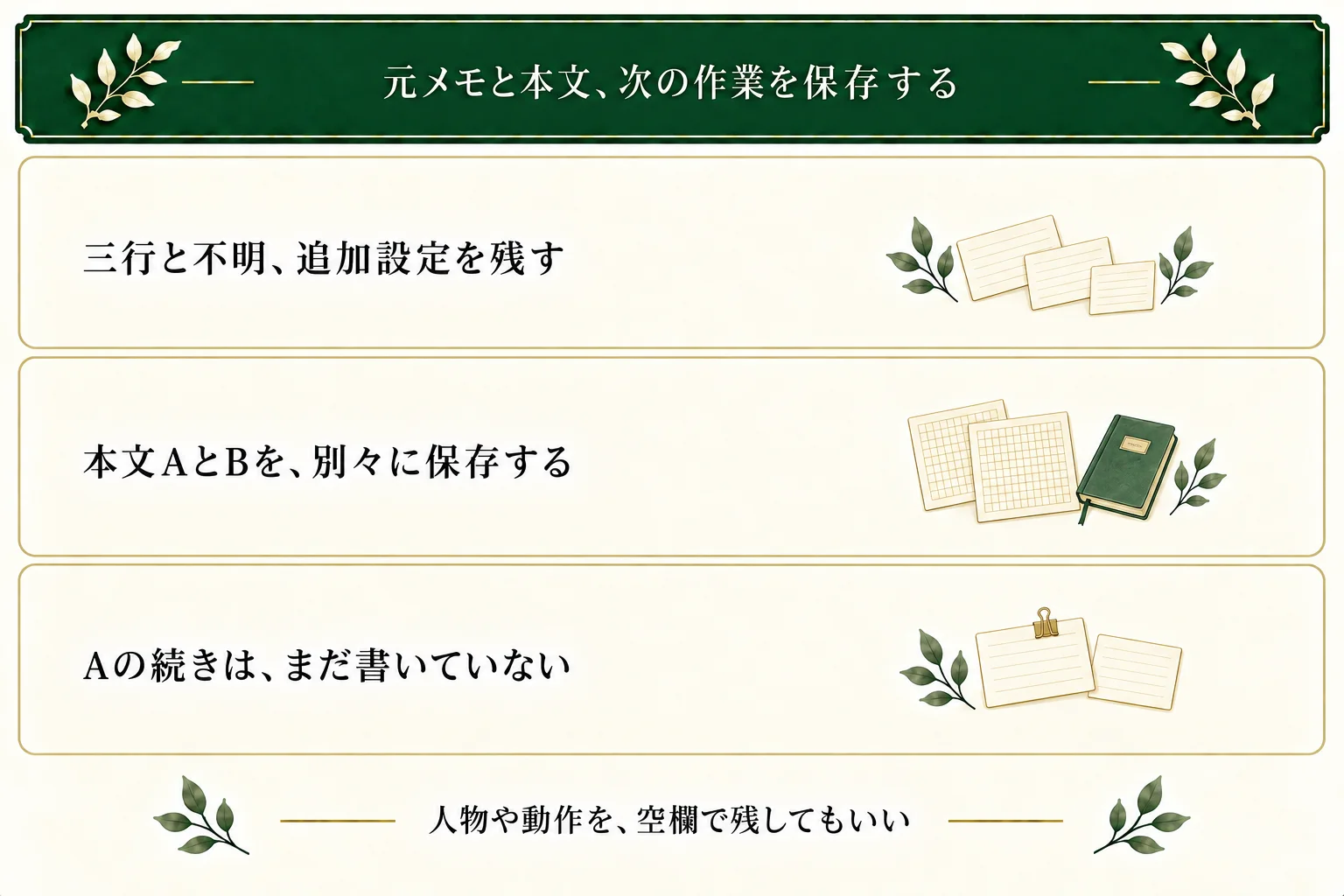 元の三行、不明、追加設定を残す。二段落ずつの本文A・Bを保存し、Aから続ける判断と未執筆の次の作業を分ける。人物や動作が未定でも保存できる。