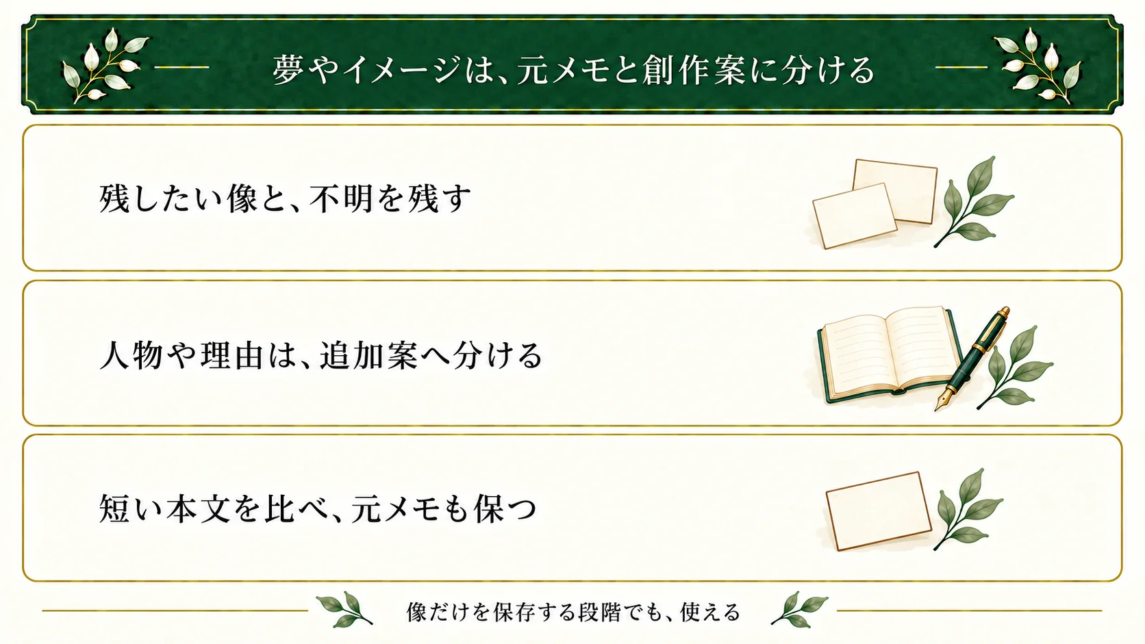 元メモと不明な点を残し、後から足す人物や理由を分ける。短い本文を比較し、採用した案と元メモをそれぞれ保存する。