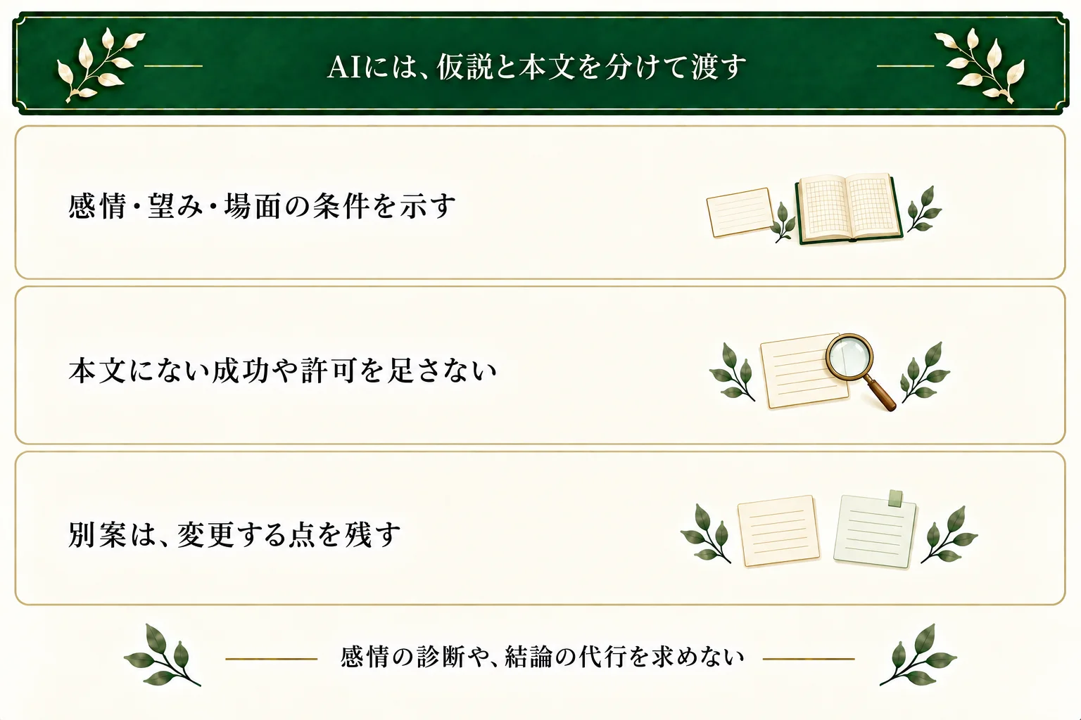 AIには創作の感情・望み・場面条件と本文を渡す。未記述の成功や許可を足さず、別案の変更点と主題質問の未定を分けて返してもらう。