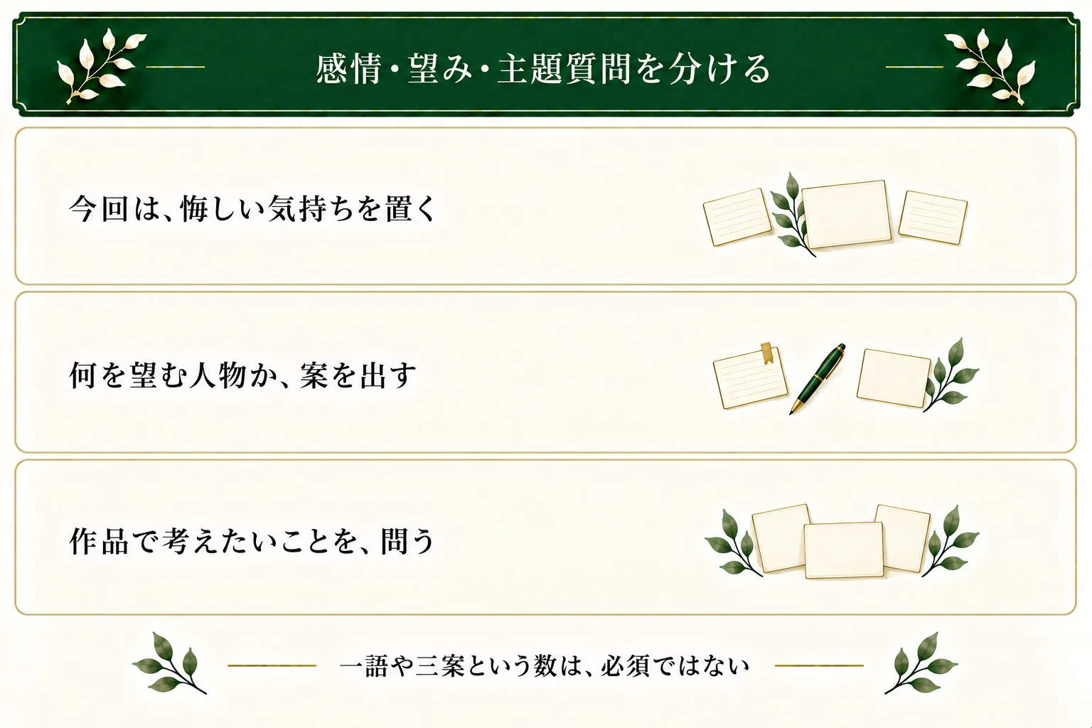 感情は今回人物へ置く気持ち、望みは創作の仮説、主題質問は作品で考える入口。感情の診断や案の数を必須にしない。