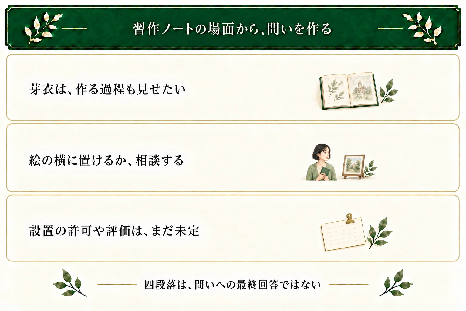 芽衣は制作過程を見せたくて、習作ノートを出し、完成絵の横へ置く許可を求める。相手はページを尋ねるが、設置許可や展示後の評価は未定。