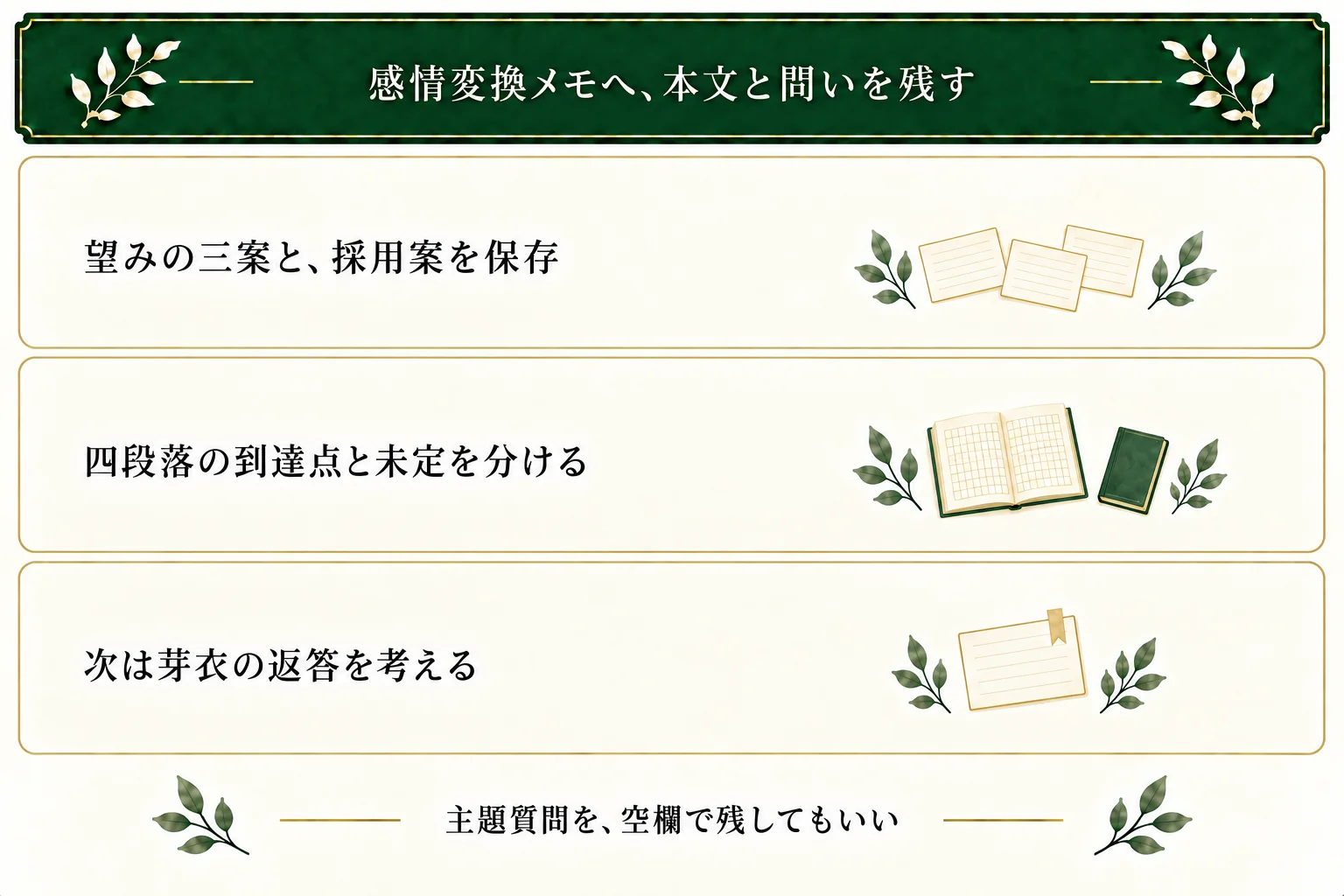 三つの望みのうち過程を見せたい案を本文へ採用。四段落と主題質問を残し、展示許可や反応、次の返答は未定として保存できる。