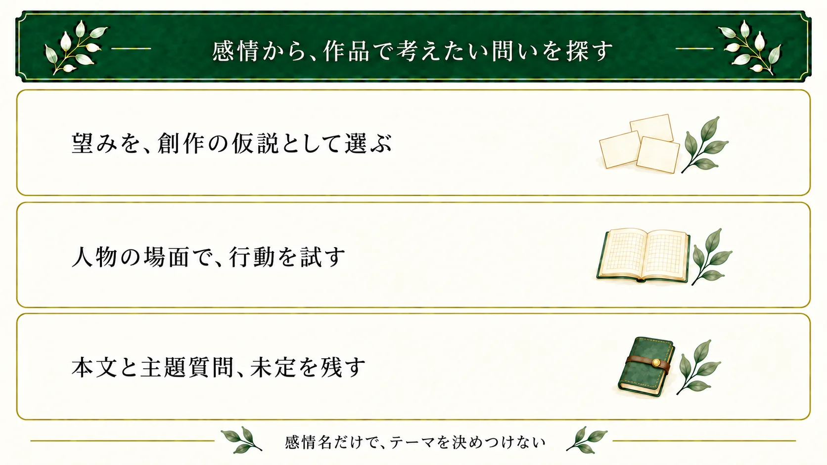 感情から望みの創作仮説を考え、人物の場面へ移す。本文に書いた行動と主題質問を残し、答えや他者評価が未定であることも分ける。