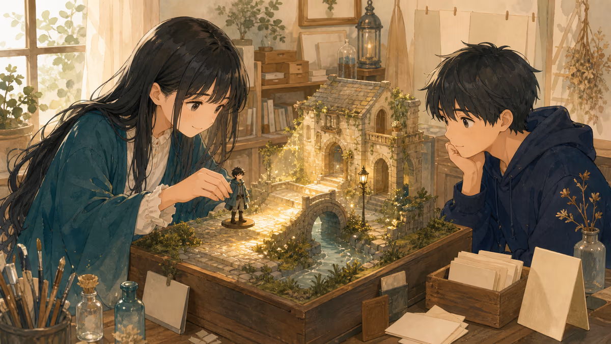 コトハが場所から物語を作るなら、背景ではなく人物を置くの要点を創作アトリエの小物と人物の配置で示している挿絵