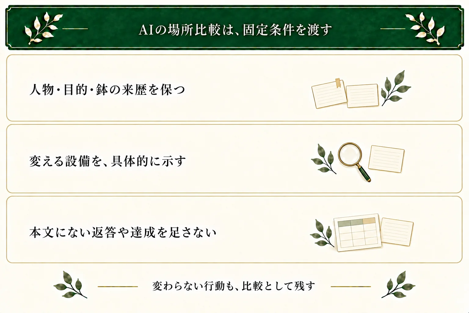 AIには元の場所と別案、固定する人物・目的・鉢の来歴、変更設備を渡す。条件外の差や未記述の返答・成功を足さず、同じ行動が可能な部分も残す。