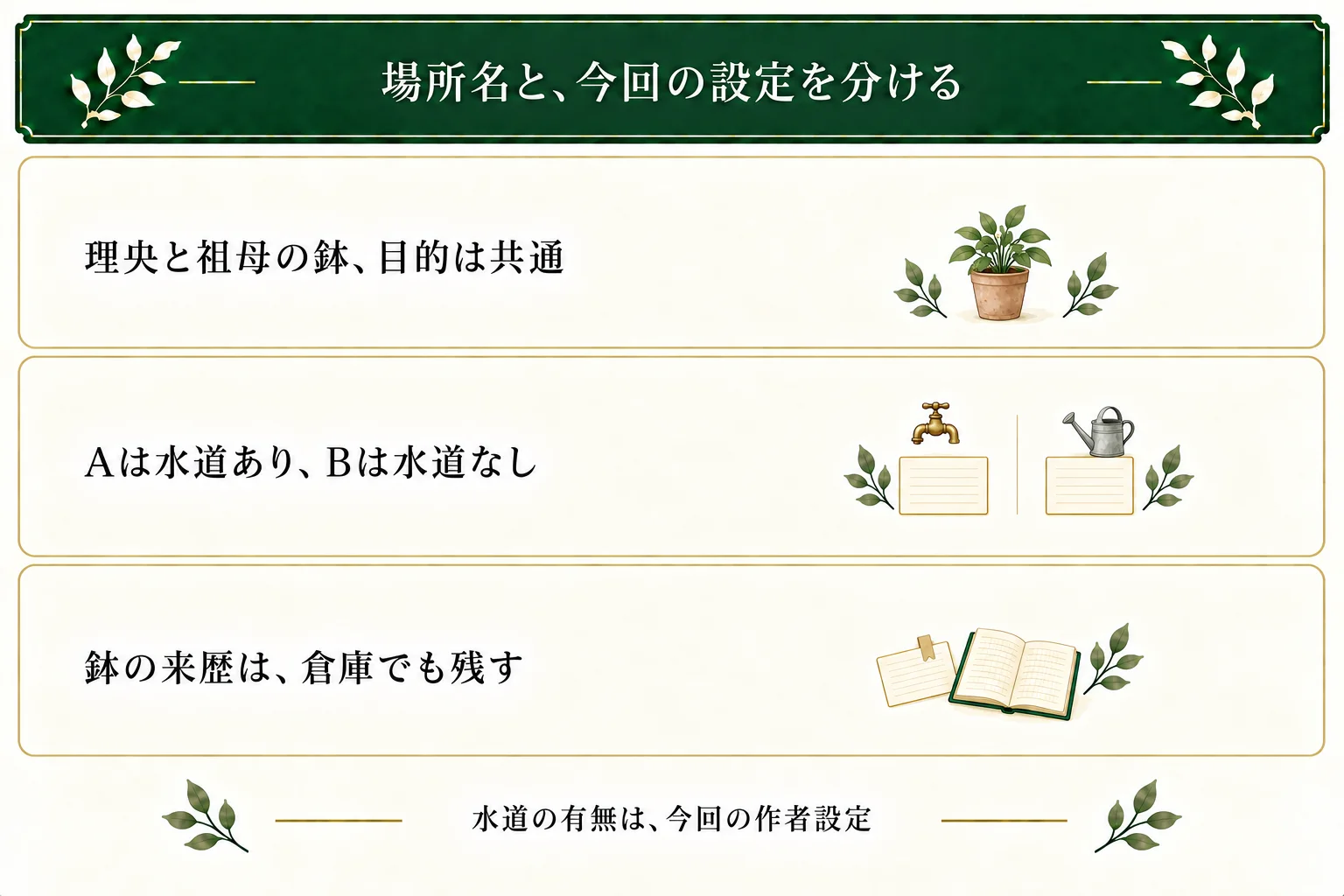 理央と同じ祖母の鉢、家へ運ぶ目的を固定。花屋Aに使える水道、倉庫Bに水道なしという作者条件を置く。場所名だけで鉢の来歴を消さない。