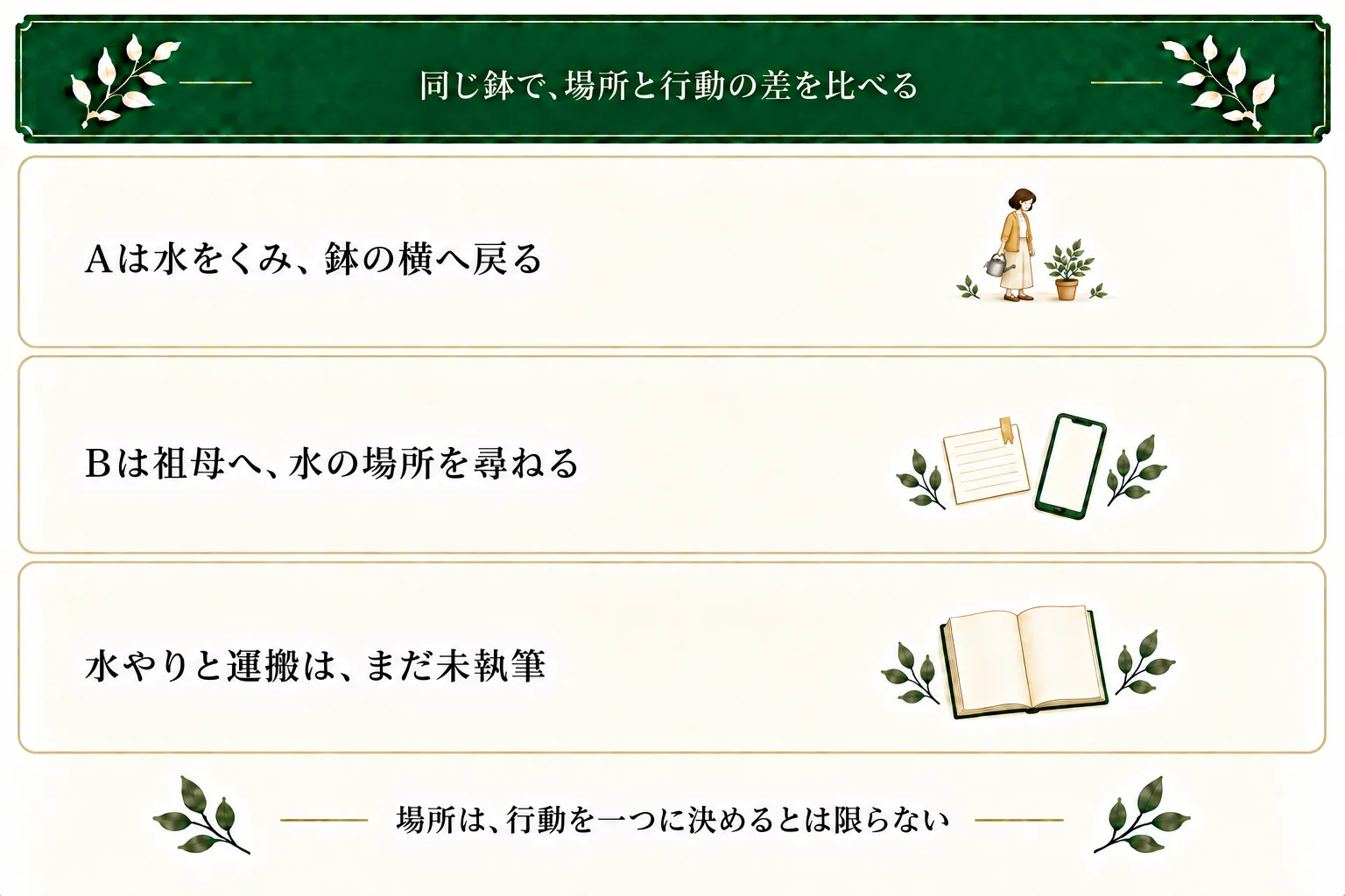 Aはじょうろへ水を入れて鉢の横へ戻る。Bは祖母へ水の入手先を尋ねる文を送る。水やりや運搬、Bの返答はまだ本文にない。
