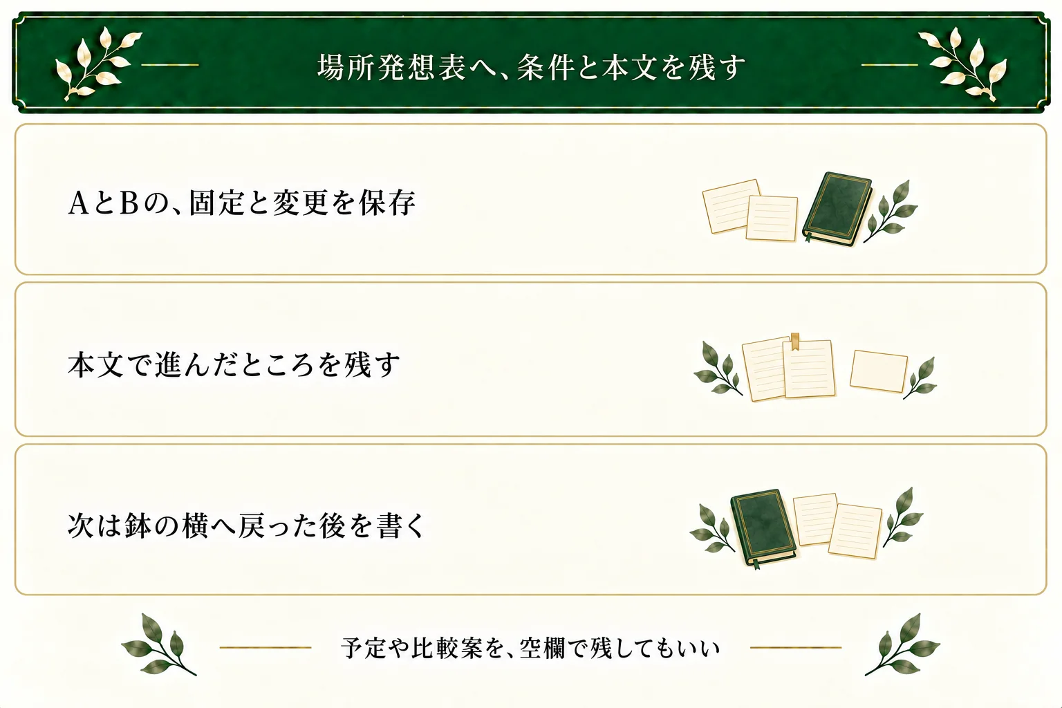 花屋Aと倉庫Bの固定条件・変更設備と本文を保存する。Aを次稿に選びBも保持。水やり・運搬は未執筆とし、予定や比較案が空でも使える。