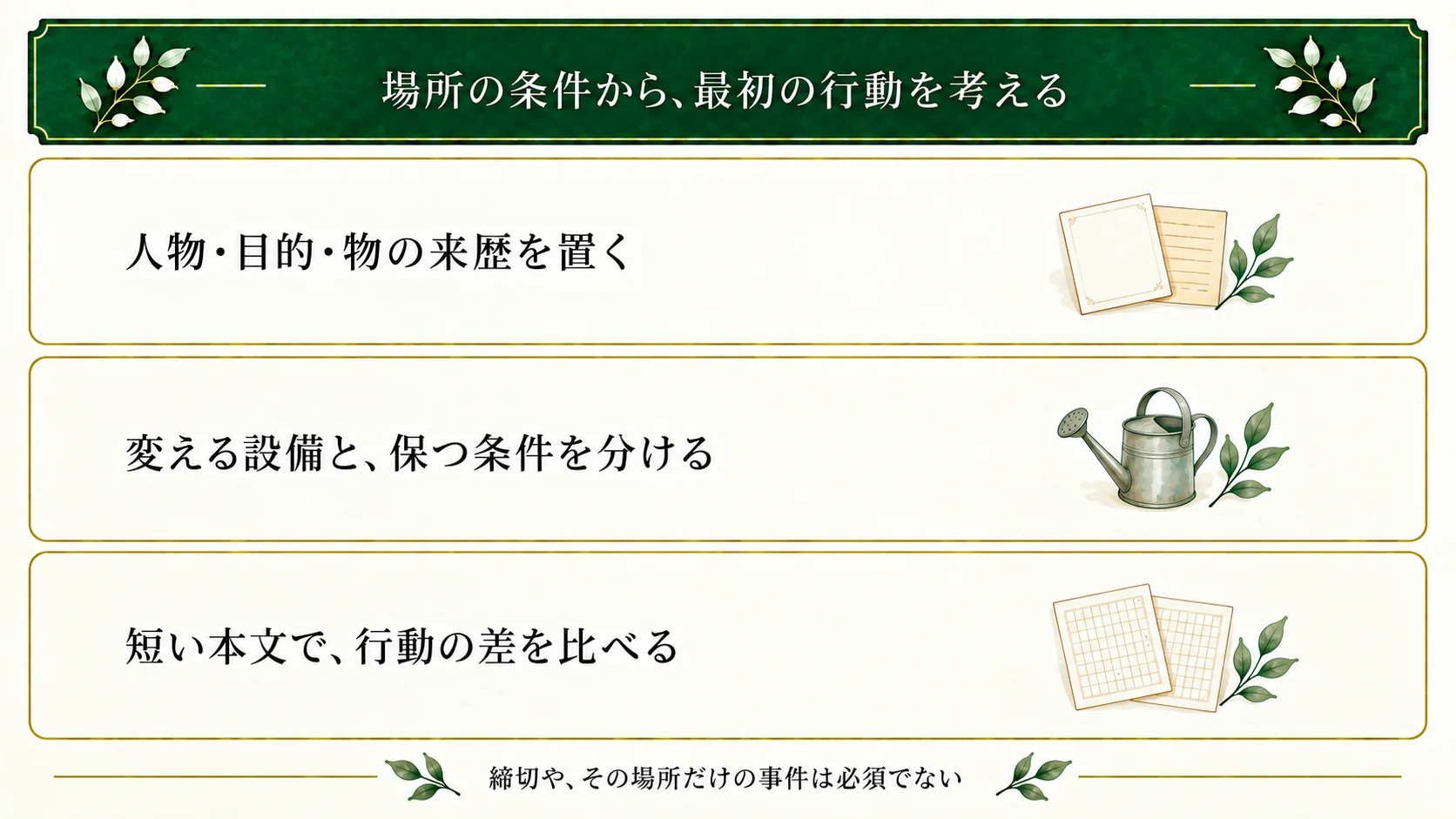 場所にいる人物と目的、物の来歴を置く。比較では変える設備と固定条件を分け、短い本文の行動差と未執筆の結果を残す。