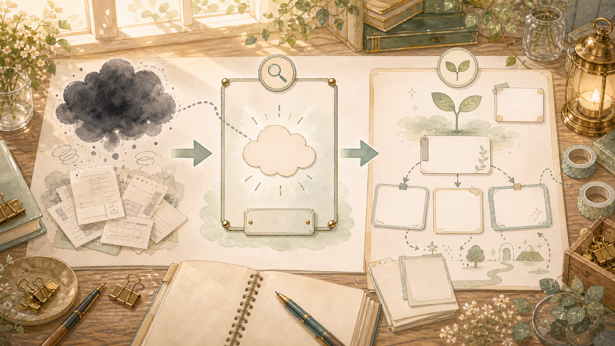 コトハが悩みは、形だけ取り出すと物語の燃料になるの要点を創作アトリエの小物と人物の配置で示している挿絵