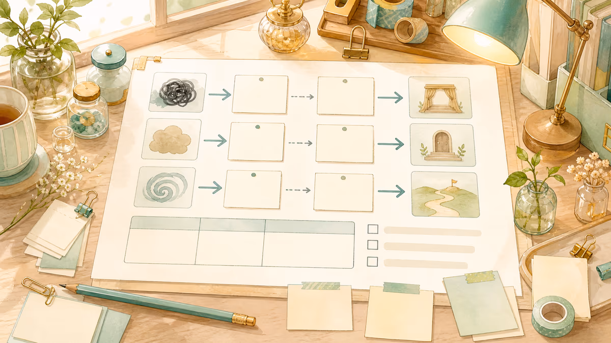 コトハが悩み変換表を作って、向き合う場面まで決めるの要点を創作アトリエの小物と人物の配置で示している挿絵