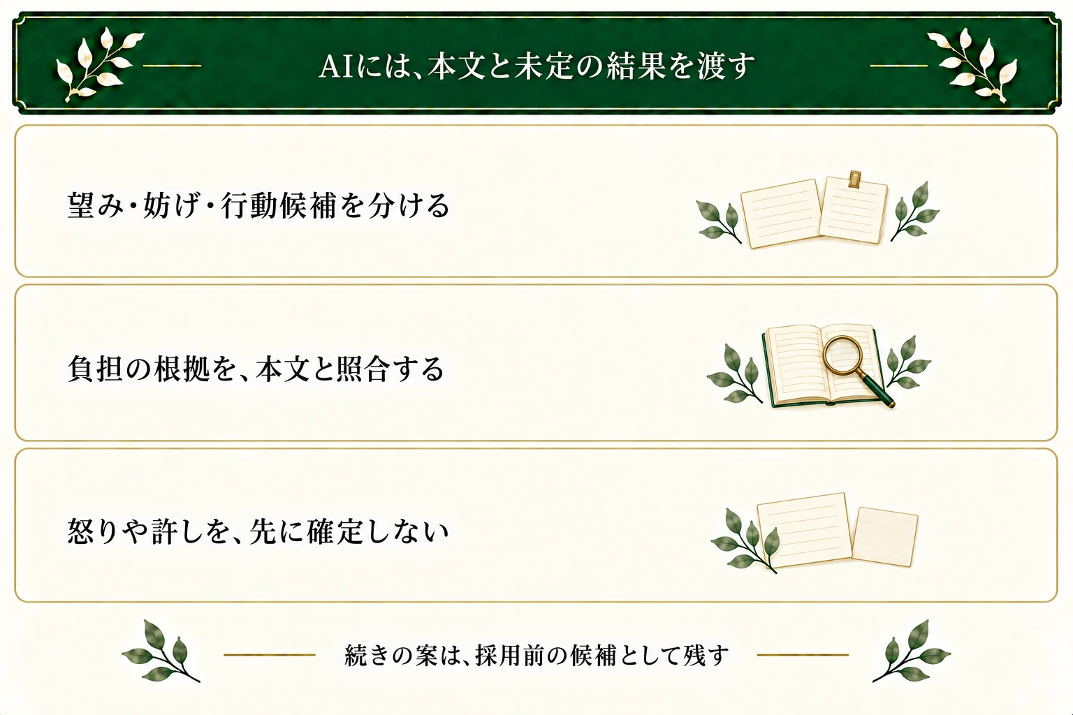 AIへ望み・妨げ・行動候補・本文を渡し、負担と未定の結果を照合する。相手の怒りや許し、返却や解決を本文へ先回りして足さない。