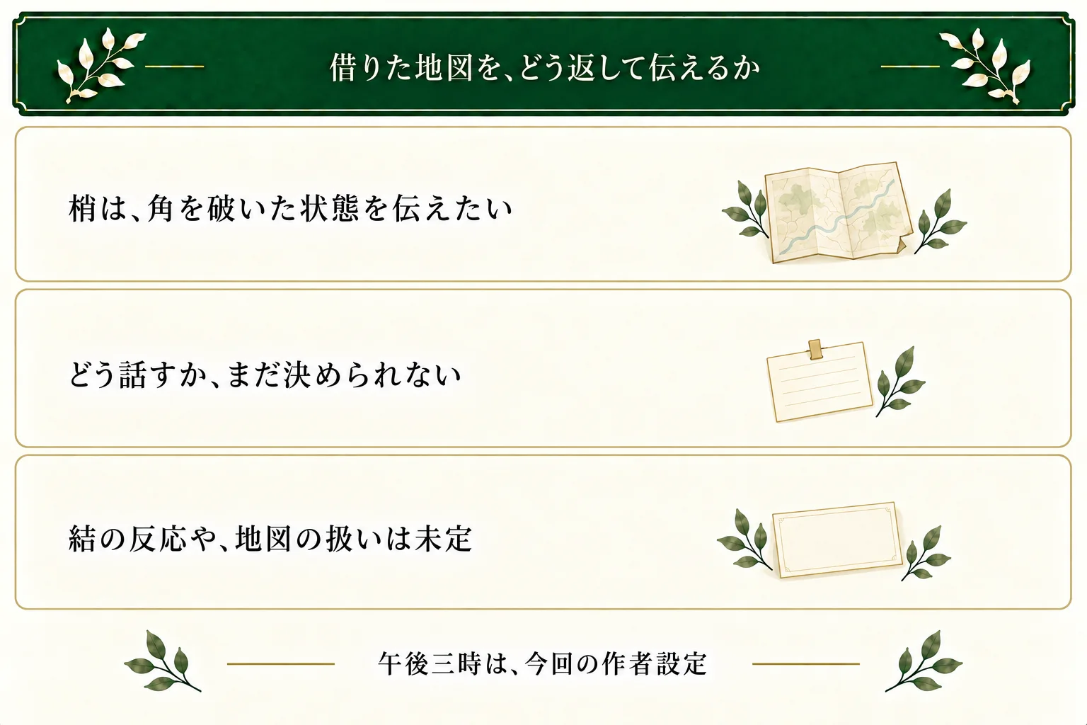 梢は借りた地図を返し、角を破いた状態を伝えて相談したい。どう話すかが未決で、結の怒りや地図の扱いはまだ決まっていない。午後三時は作者設定。