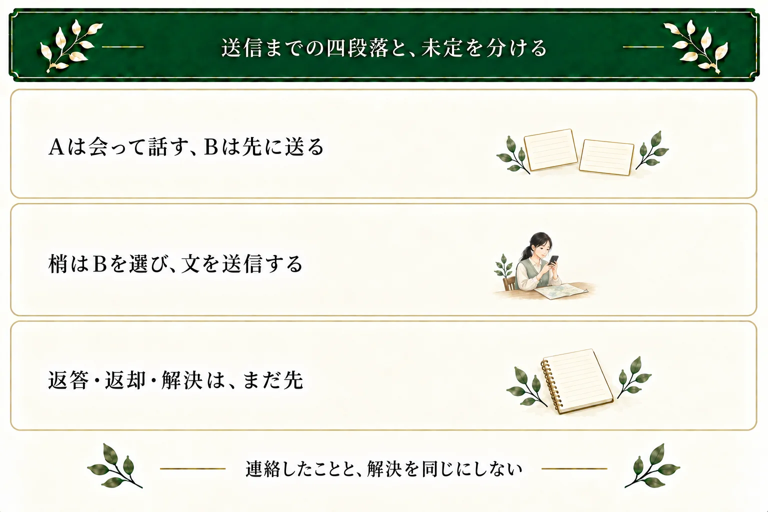 Aは会って説明、Bは先に文を送る候補。本文は梢がBを選び送信したところまで。地図は机にあり、返答・返却・相談の成立・解決は未記述。