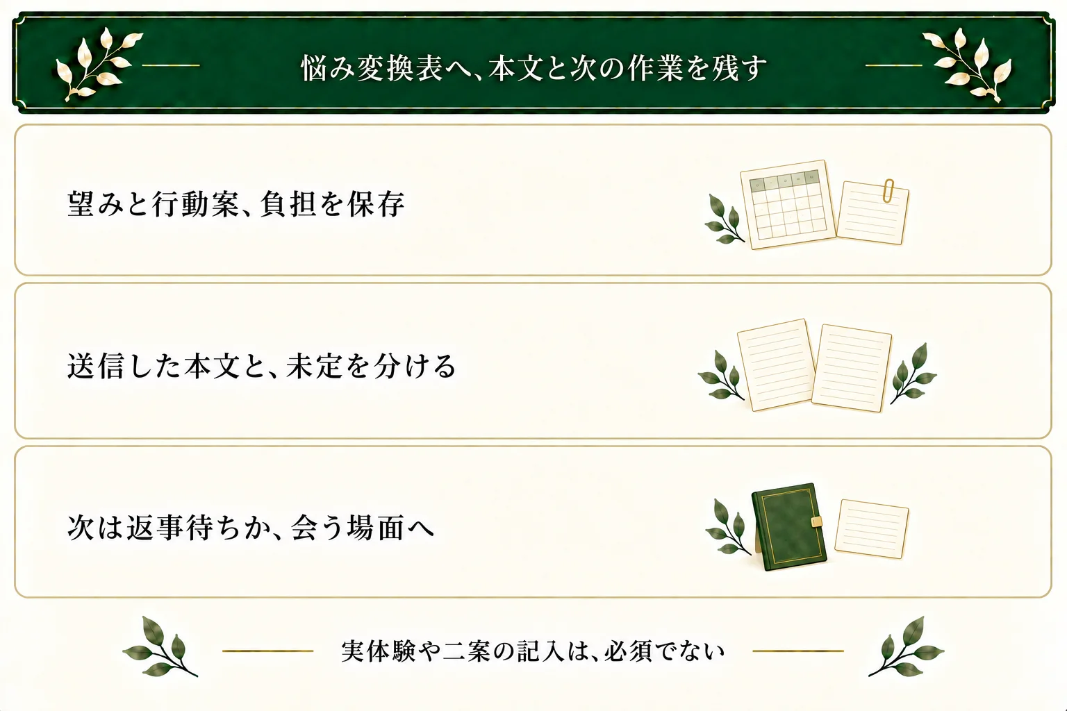 悩み変換表に望み・妨げ・行動と負担、送信までの四段落を保存する。返事待ちか会う場面かは次の候補で、実体験や二案の記入は必須ではない。