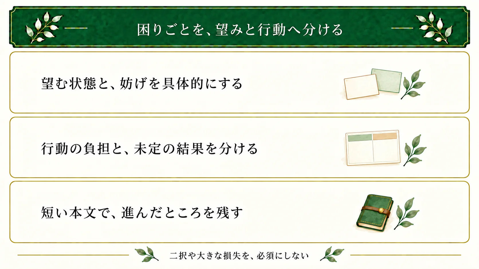 困りごとから人物の望みと妨げを分け、取れる行動の負担と未確定の反応を比較する。短い本文の到達点を保存し、続きは未定として残す。
