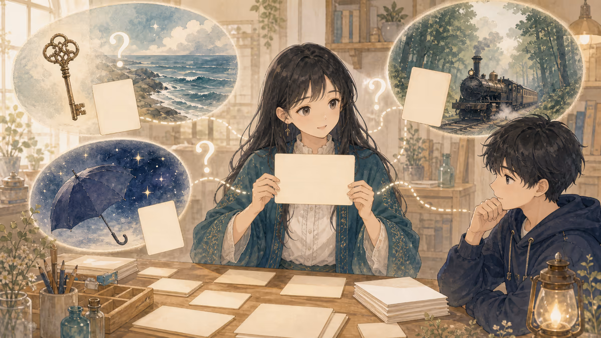 コトハがタイトルから物語を考えるには、言葉のずれを問いにするの要点を創作アトリエの小物と人物の配置で示している挿絵