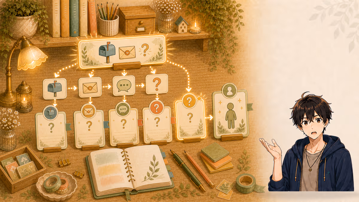 ソウマが仮タイトルを一語ずつ問いカードへ分解し主人公へつなげる創作アトリエの挿絵