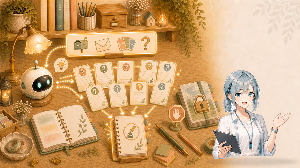 ミラがAI端末で仮タイトルから物語案ではなく問いカードだけを増やす創作アトリエの挿絵
