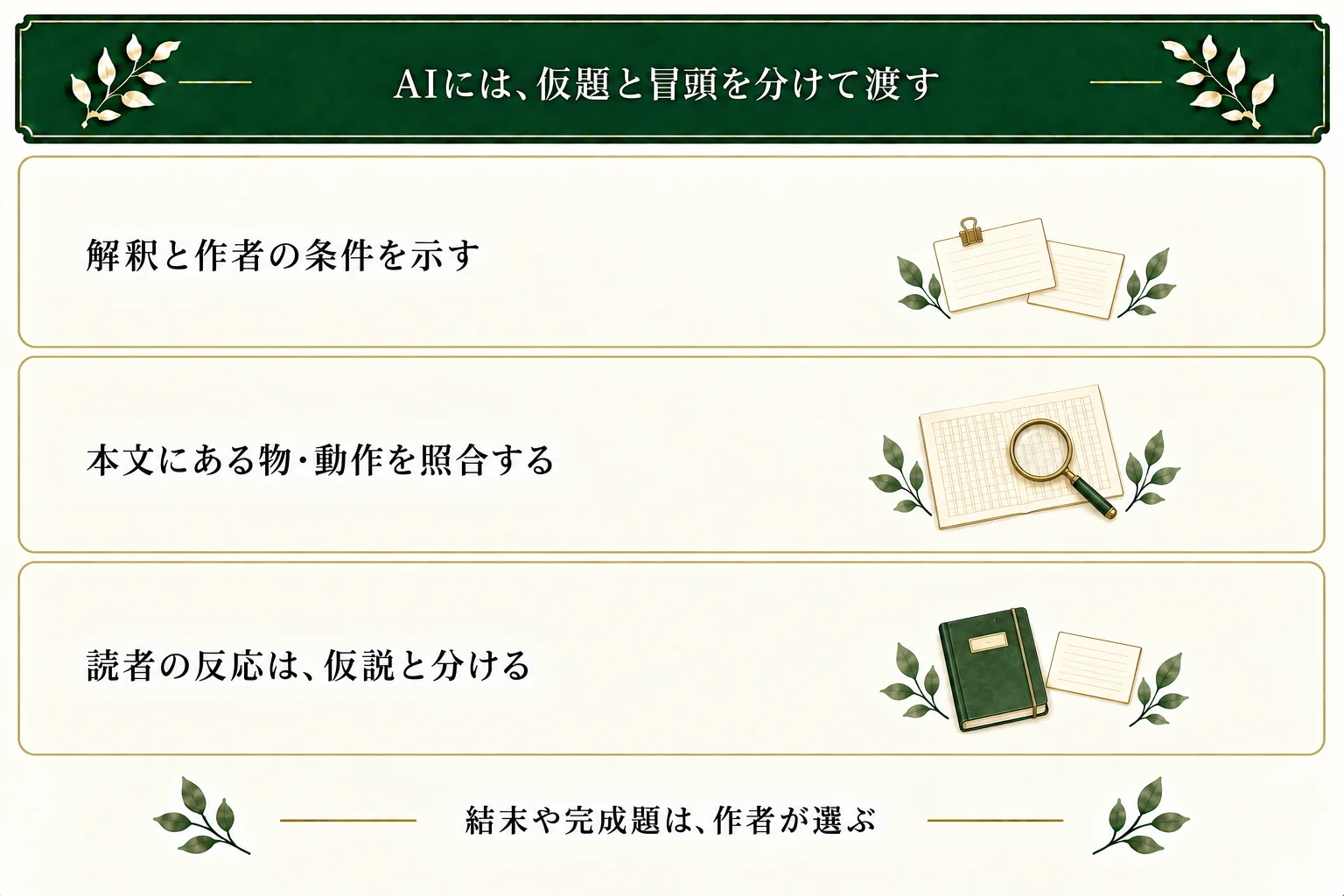AIに仮題、作者の解釈と条件、冒頭を渡す。本文の根拠と追加候補を分け、読者の反応を確認済みと扱わず、結末や完成題は作者が判断する。