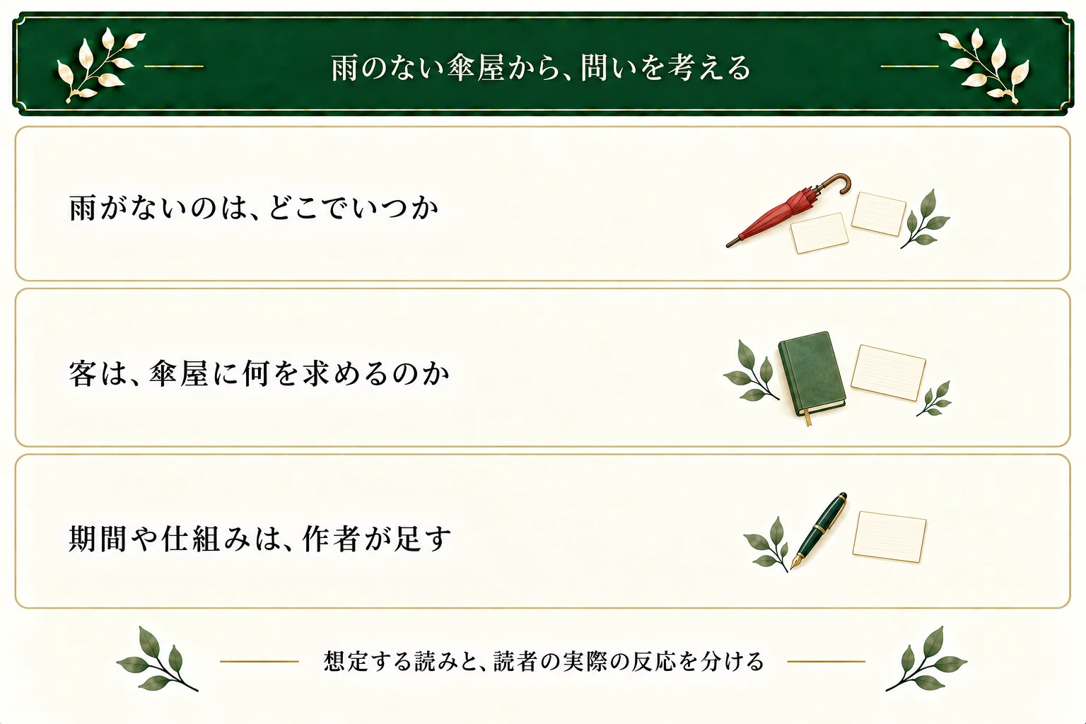 仮題『雨のない傘屋』から期間や場所、客の目的を考える。一年無雨の町や店の仕組みは作者設定で、想定する問いを実際の読者反応と混同しない。