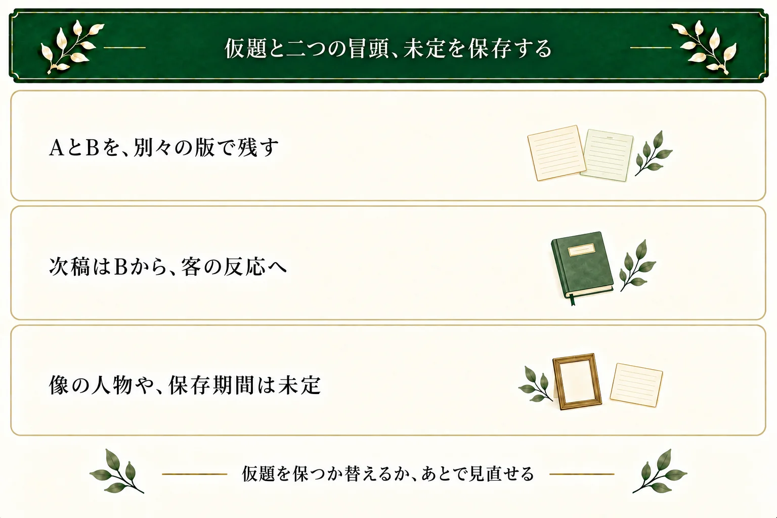 仮題『雨のない傘屋』と冒頭A・Bを保存する。Bを次稿に選ぶが客の反応は未執筆。像の人物や期間、完成題は未定で、あとから題を見直せる。