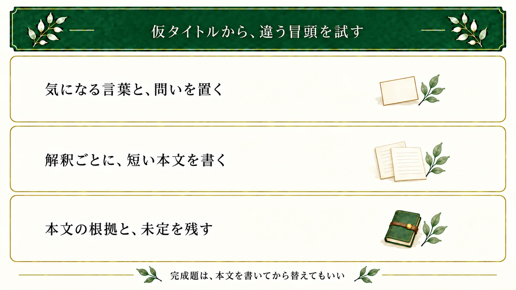 仮タイトルの気になる言葉から、作者が考える問いや雰囲気を置く。異なる解釈で短い冒頭を作り、本文に書いたことと未定、題を見直す判断を保存する。