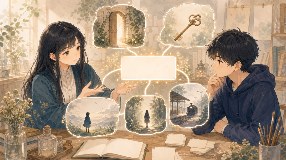 タイトルから物語を考える方法の内容をイメージした創作アトリエの挿絵