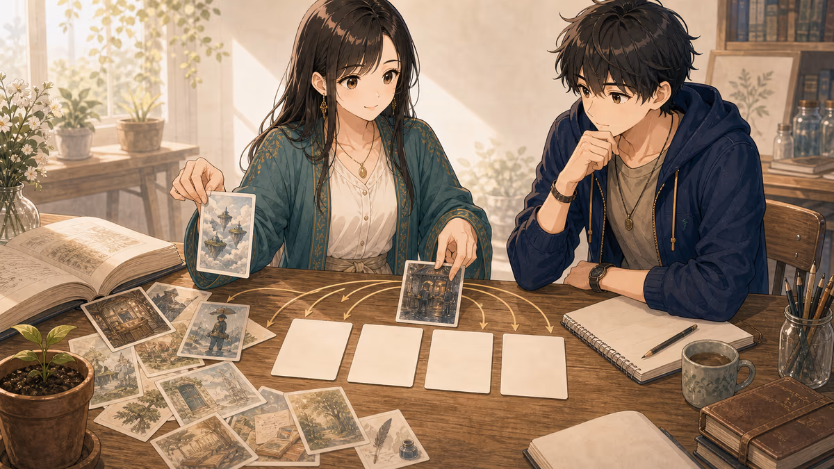コトハがばらばらのアイデアカードを四つのカードへ整理しているアトリエの挿絵