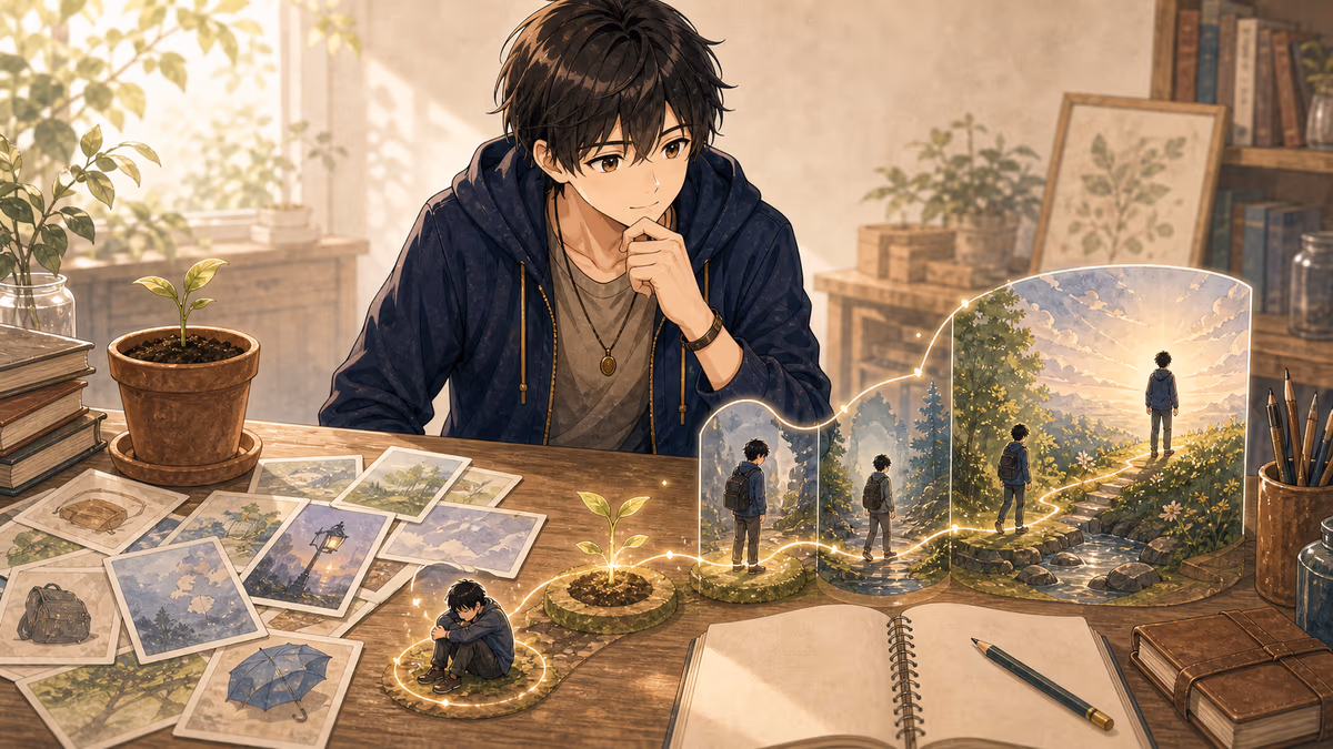 ソウマが素材カードから変化の流れへ視線を移しているアトリエの挿絵