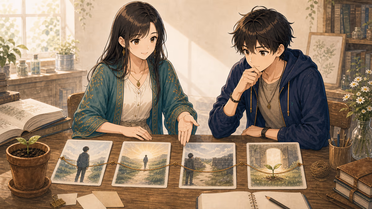 コトハが四つの絵カードを糸でつないで物語の骨組みを説明しているアトリエの挿絵