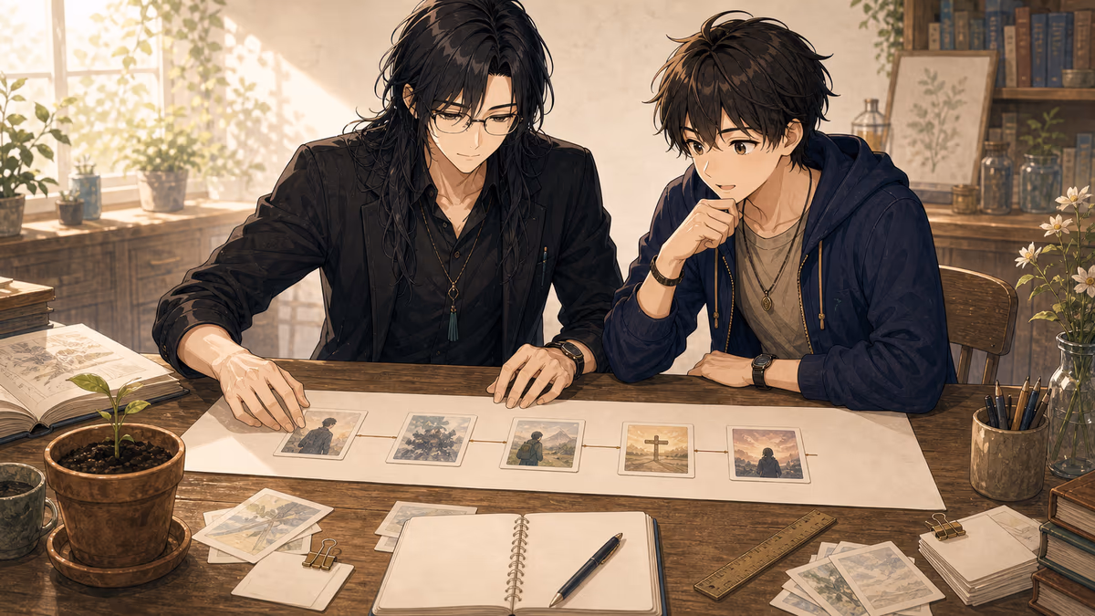 アキトが長い紙の上に絵カードを並べて一文ストーリーの骨組みを整えているアトリエの挿絵