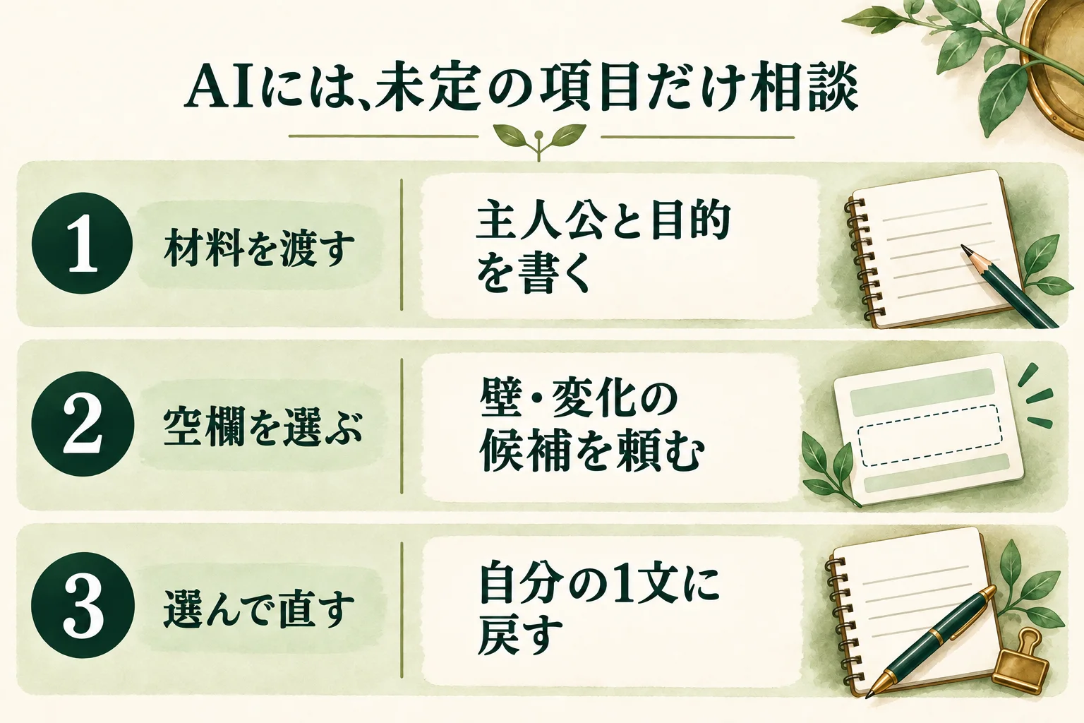 AIには主人公と目的を渡し、未定の壁や変化の候補を頼む。候補を選び直して自分の1文に戻す。