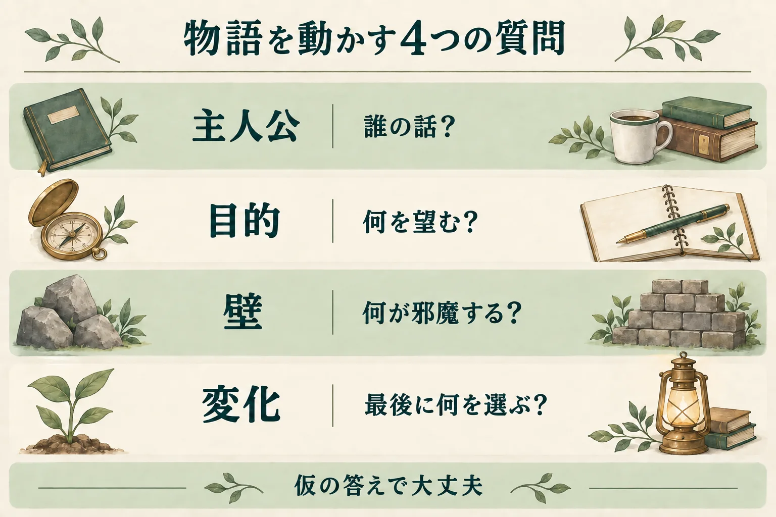 主人公は誰か、何を望むか、何が邪魔するか、最後に何を選ぶかを仮に決める4つの質問。