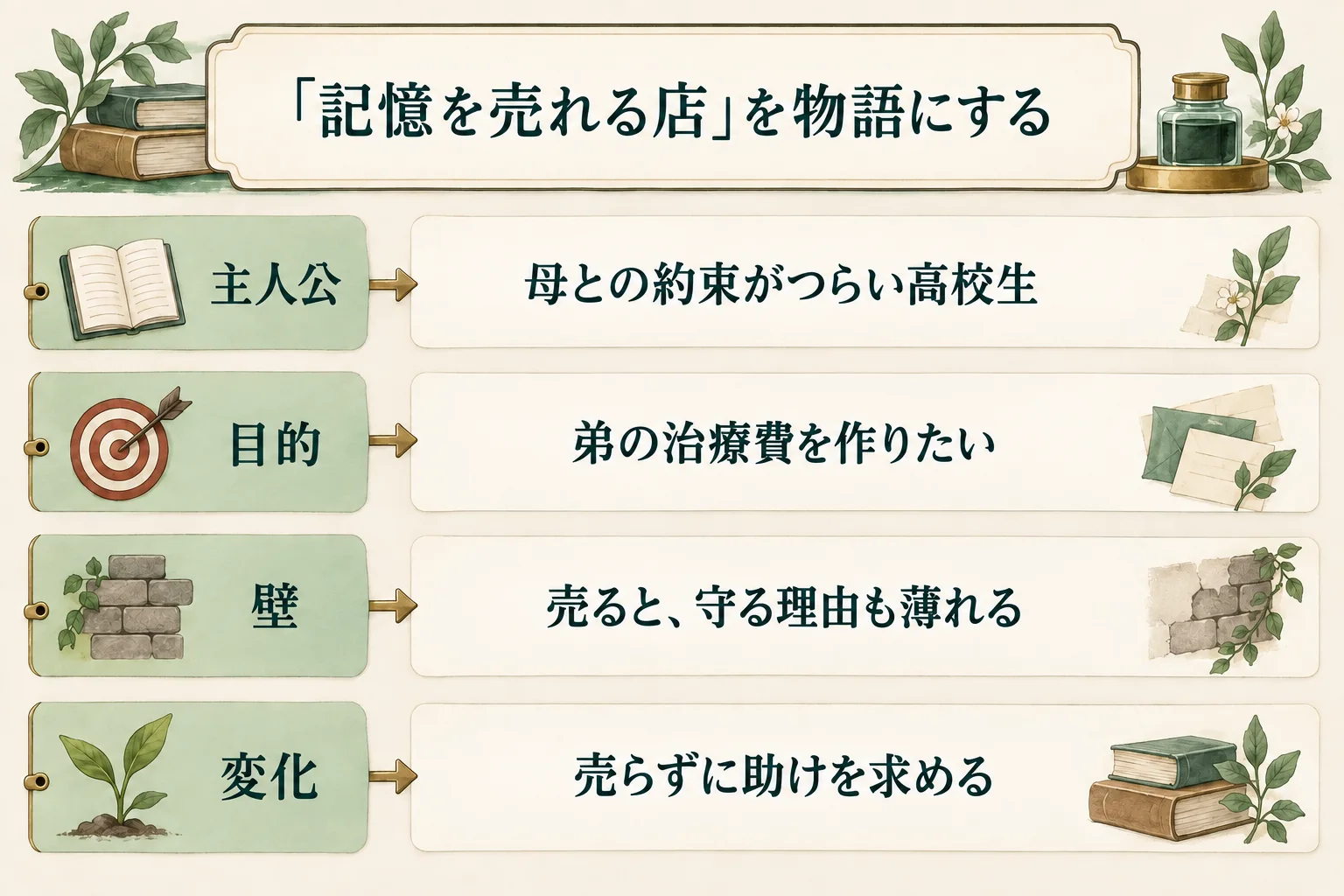 記憶を売れる店の例を、主人公・目的・壁・変化の4項目に整理した図。