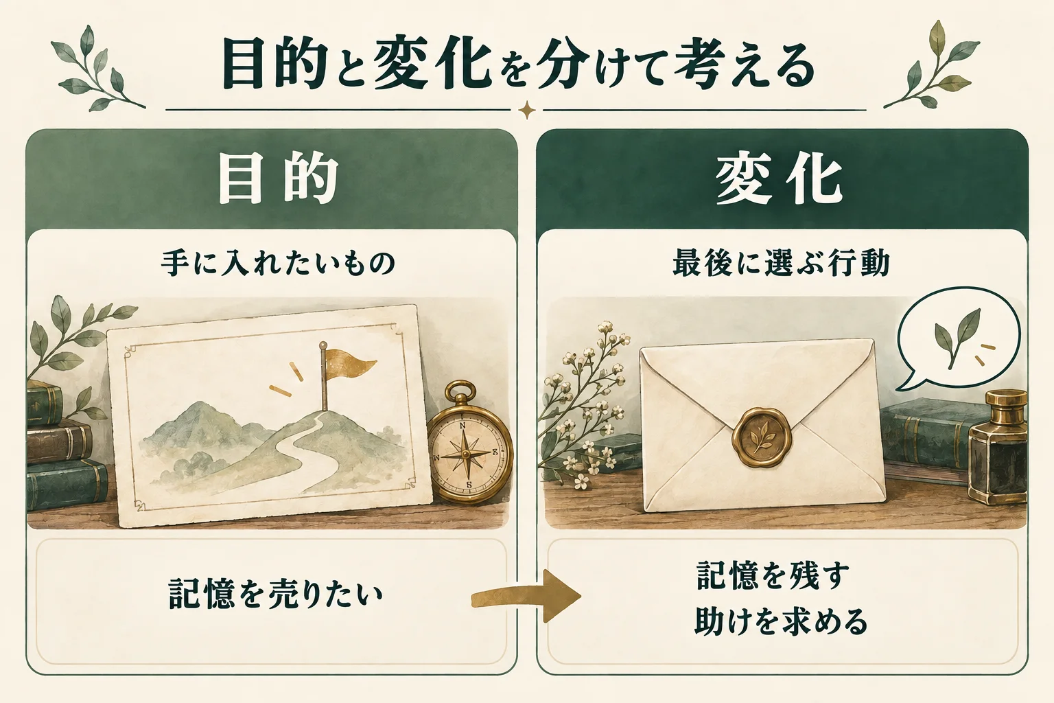 目的は手に入れたいもの、変化は最後に選ぶ行動。記憶を売りたいという目的から、記憶を残して助けを求める選択へ。