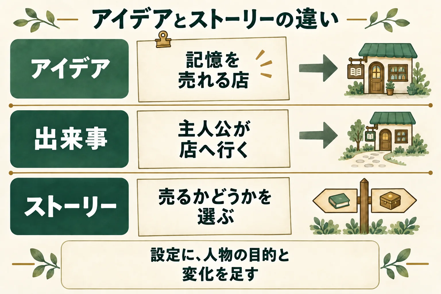 アイデアは記憶を売れる店、出来事は店へ行くこと、ストーリーは売るかどうかを人物が選ぶ流れ。