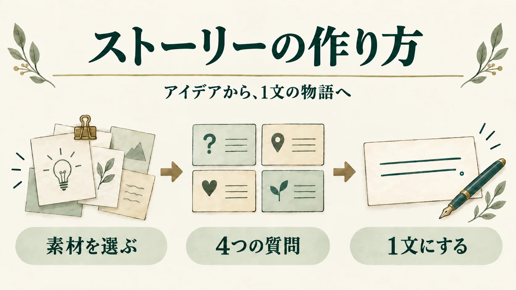 素材を選び、4つの質問に答えて1文の物語へ進む流れ。