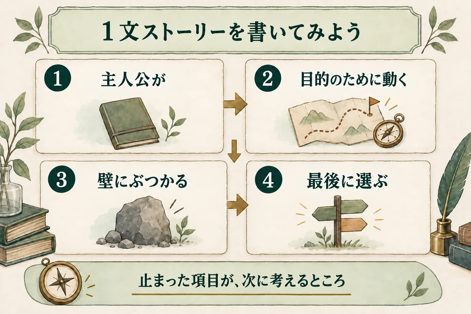 主人公が目的のために動き、壁にぶつかり、最後に選ぶ流れを1文にする。止まった項目を次に考える。