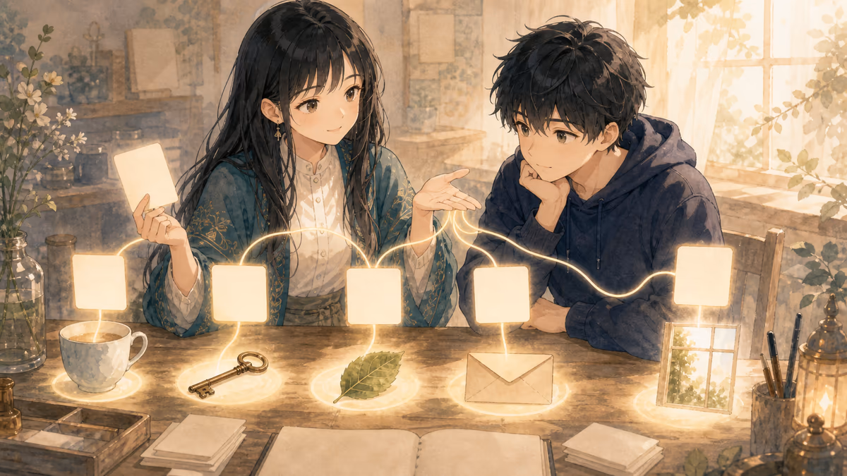コトハが物語のアイデアが浮かばない日は、素材ではなく問いが足りないの要点を創作アトリエの小物と人物の配置で示している挿絵