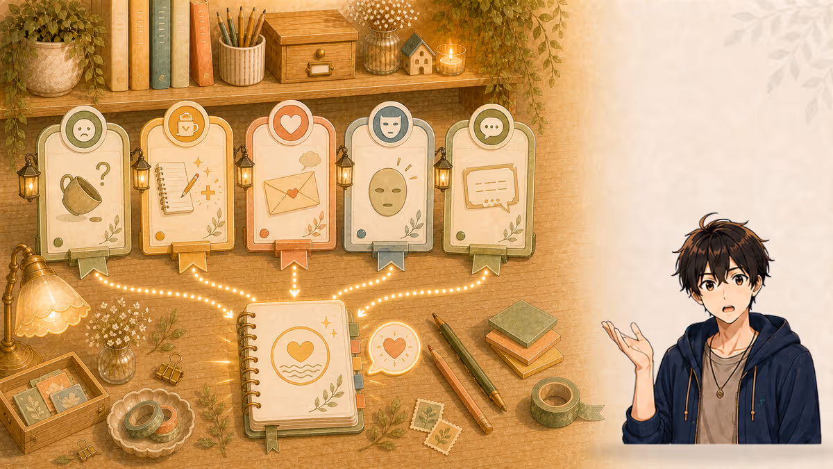 ソウマが日常の違和感や物や後悔など五つの入口からアイデアの種を集める創作アトリエの挿絵