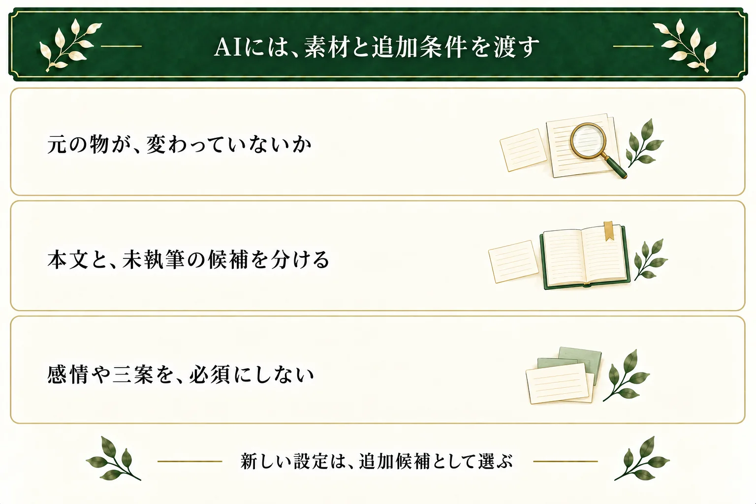 AIに素材、分からないこと、追加条件と本文を渡す。物がすり替わらないか確認し、書いた本文と未執筆案を分ける。感情や三案の完成を必須にせず、新設定は作者が追加候補として選ぶ。